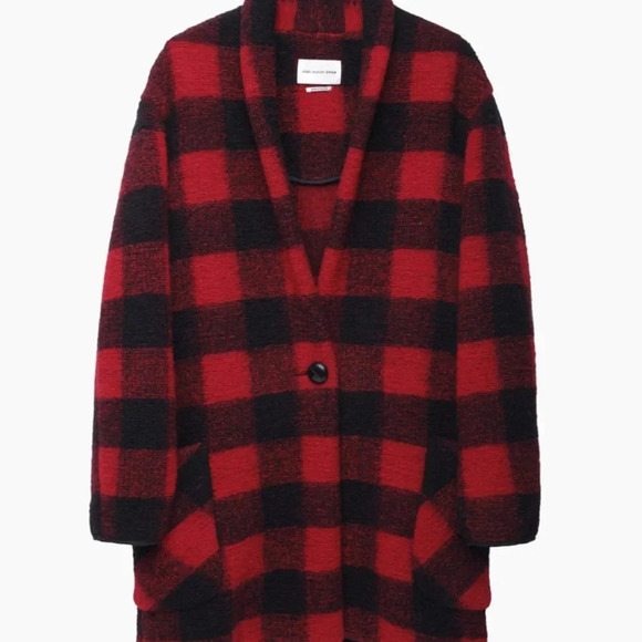 Isabel Marant Etoile Gabrie Plaid Wool Coat Red Black Women's Size 42 - Picture 2 of 3